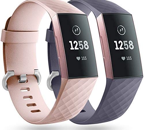 Faliogo 2 Stück Ersatzriemen Kompatibel mit Fitbit Charge 3 Armband/Fitbit Charge 4 Armband, Weiches Sports Uhrenarmband Armbänder für Damen Männer, Klein, Rosa/Blau Grau