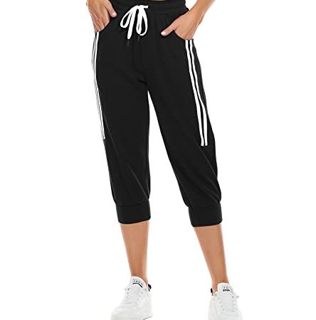 HAPYWER Damen Jogginghose 3/4 Baumwolle mit Streifen Casual Sommerhose Capri Sporthose mit Tasche Freizeithose Trainingshose 7/8 Länge S-2XL