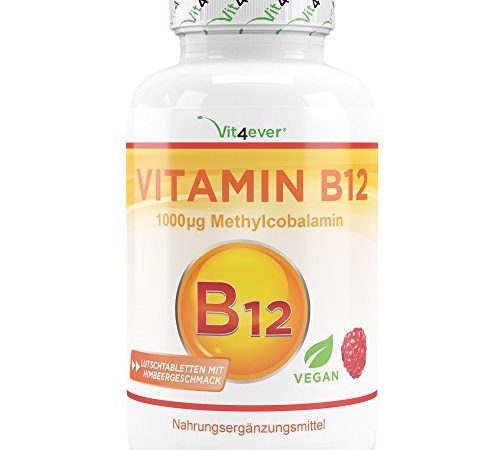 Vitamin B12 Vegan - 365 Lutschtabletten mit Himbeergeschmack - Premium: Aktives Methylcobalamin - Laborgeprüft (Wirkstoffgehalt & Reinheit) - Hochdosiert