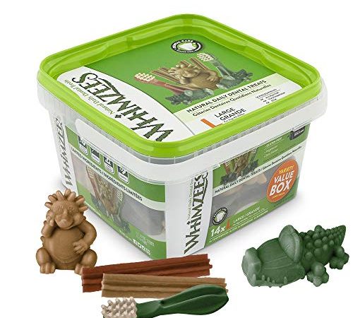 WHIMZEES Gemischte Vielfaltsbox, natürliche, getreidefreie Zahnpflegesnacks, Kaustangen für große Hunde, 14 Stück, L, 18 - 27 kg