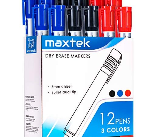 Whiteboard Marker 12 Whiteboard Stifte Rundspitze ca.2-3mm Linienbreite, Maxtek Set mit 3 Farben hohe Qualität Geruchsarme Tinte, Zubehör für Schule, Büro, Zuhause