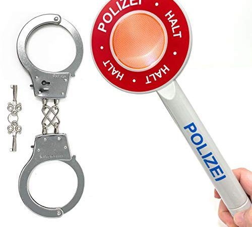 DDS Polizei Handschellen & Polizeikelle Kinder Set - Polizeiset Metall Handschellen und Kelle als Spielset | Karneval Polizei Ausrüstung für Kinder | Spielzeug Polizeikelle mit Licht & Handfesseln