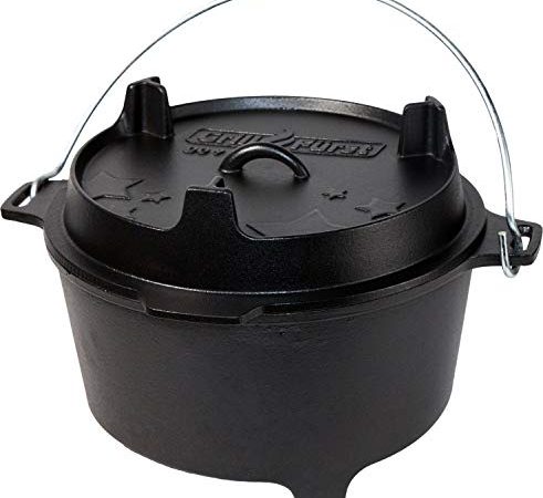 Grillfürst Dutch Oven ca. 9 Liter - stabil stehender Feuertopf durch speziell entwickelte T-Füße, hitzebeständiger Gusseisen Topf, Deckel als Pfanne nutzbar, DO 9