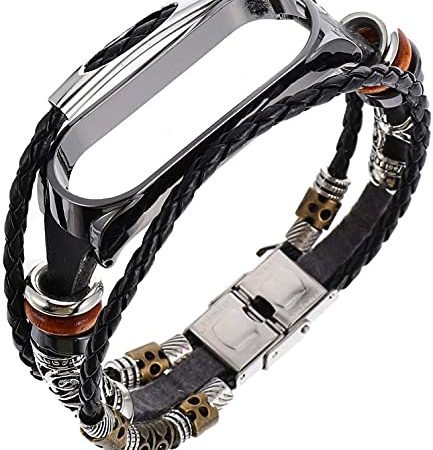 Kompatibel für Xiaomi Mi Band 3 Armband MiBand 4, Edelstahl Uhrenarmband Ersatz Armbänder mit Metallschließe, Retro-Stil ethnischer Uhr Leder Armband Armband