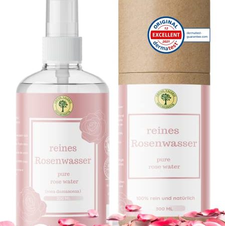 TestSieger! Spray 300 ML| Reines Damaszener Rosenwasser + Echte Rosenblüten von Grüne Valerie |[DERMATEST: EXCELLENT] bei unreiner Haut & Pickel | Alkoholfrei| Lebensmittelqualität | Sprühflasche