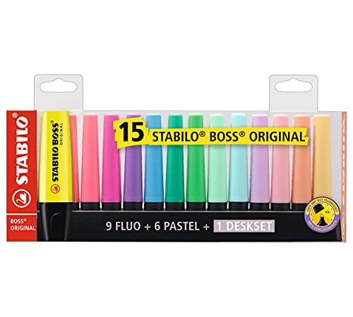 Textmarker - STABILO BOSS ORIGINAL - 15er Tischset - 9 Leuchtfarben, 6 Pastellfarben