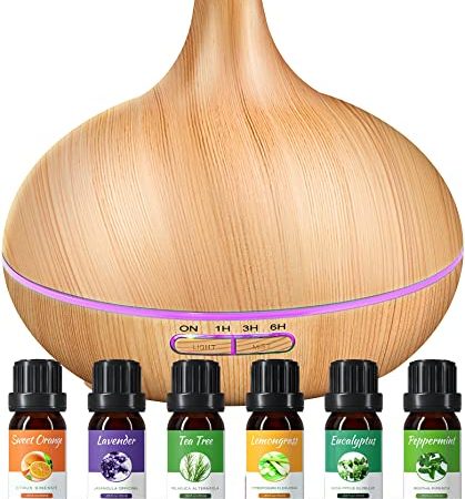 500mL Aroma Diffuser für ätherische öle, Enthält 6 ätherische Öle, 23dB Geräuschloser Duftöl Diffuser mit 7 Farblichter, BPA-freier, 4 Timern, Automatische Abschaltung(Gelbe Holzmaserung)