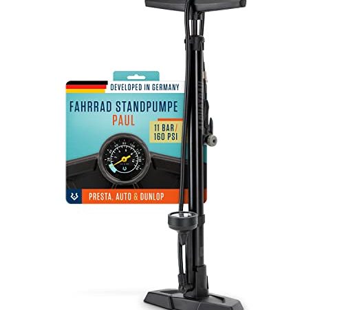 Alphatrail Standpumpe Paul - Für alle Ventile 11 Bar / 160 PSI Maximaldruck I Großes Manometer (Ø48mm) I Inkl. Adapter für Ball & Luftmatratze I Luftpumpe für französisches Ventil, Auto-Ventil & DV