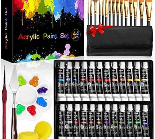 Buluri 45 Stück Acrylfarben Set, Acrylfarbe 24x12ml mit 15 Pinsel, 1 Hakenleinenstift, 1 Schaber, 1 Palette, 2 Schwämme, 1 tragbare Bürstentasche Acryl Farben Set Perfekt für DIY Steine, Holz, Papier