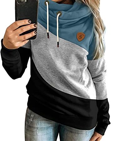 Dokotoo Damen Kapuzenpullover Stehkragen Hoodie Pullover Farbblock Sweatshirt Langarmshirt Oberteile für Herbst Winter XXL, Blau