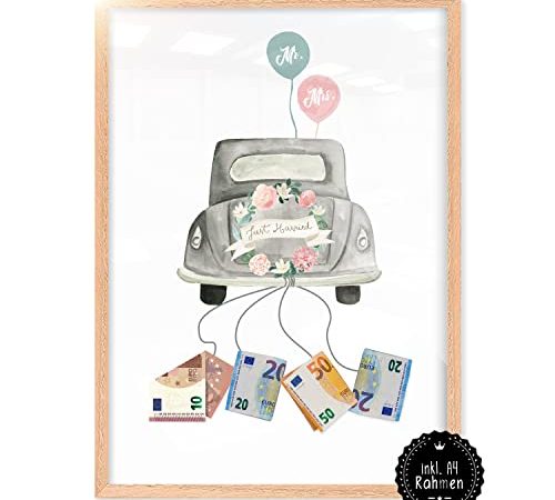 Geldgeschenk Hochzeit | Fertig GERAHMT | Hochzeitgeschenke für Brautpaar – Hochzeitsgeschenke Geld – Bilderrahmen Geldgeschenk | Just Married Auto | Stilvolles Geschenk