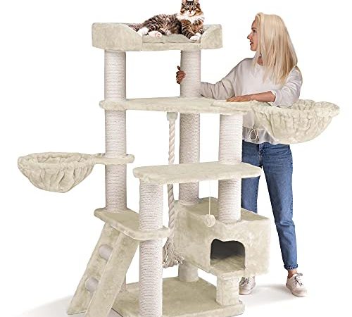 happypet® Kratzbaum Grosse Katzen stabil XXL Kletterbaum | 156 cm hoch | 47 kg Premium Qualität | 12 cm dicke Sisalstämme | Höhle, Liegemulde | geprüfte E1 Holzplatten schwere Katzen Main Coon | CREME