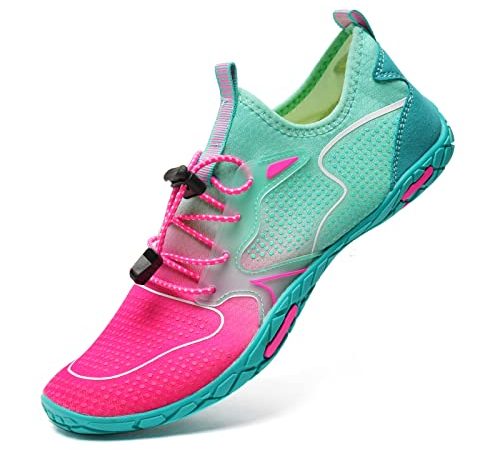 IceUnicorn Strandschuhe Damen Herren Barfußschuhe Badeschuhe Schwimmschuhe Aquaschuhe Sommer Schnell Trocknend Surfschuhe Fitnessschuhe(V19Pink Blau,40EU)