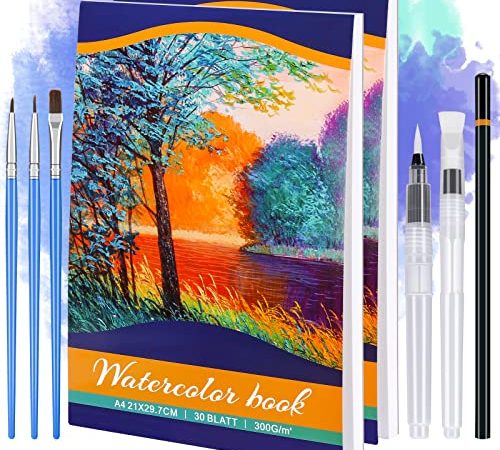 RATEL Aquarellpapier, 30 Blätter Aquarell-Pad 300gsm Papier A4 Aquarellblock, 2er-Pack Aquarellbuch mit 1 HB-Bleistift, 2 Wassertankpinseln, 3 Pinselstiften, Säurefreies Papier