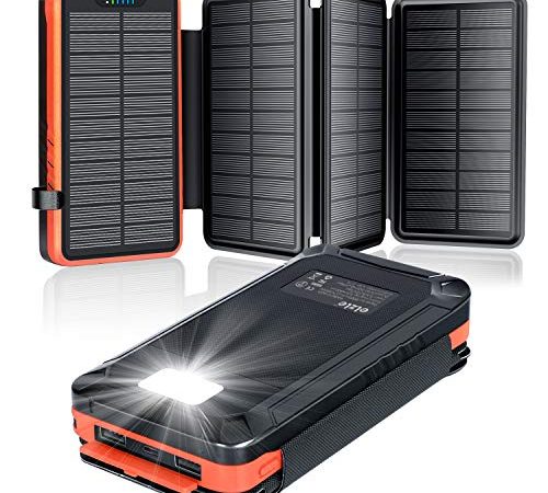 Solar Powerbank 26800mAh, elzle Solar Ladegerät mit 2 USB-Ausgangsport & 1 USB-Eingangsport, Outdoor Wasserfester Externer Akku mit 4 Solarpanels und Taschenlampe Für Smartphones Tablets Camping