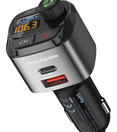 UNBREAKcable Bluetooth FM Transmitter Auto Radio Adapter, Auto Ladegerät mit PD20W und QC3.0 Ladeanschluss, Bass Verstärker, Freisprechfunktion, USB-Anschluss, Siri und Google Assistant Unterstützung