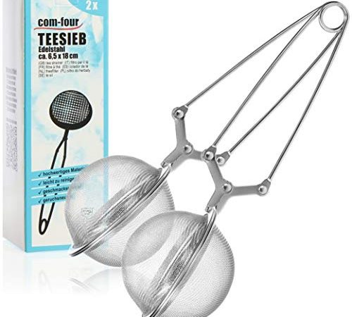 com-four® 2x Teezangen, Teeei in Kugelform aus rostfreiem Edelstahl 304, Teesiebe für losen Tee, Siebzange für Teeliebhaber (02 Stück - Ø 6.5 cm)