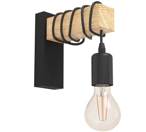 EGLO Wandlampe Townshend, 1 flammige Vintage Wandleuchte im Industrial Design, Retro Lampe aus Stahl und Holz, Farbe: Schwarz, braun, Fassung: E27