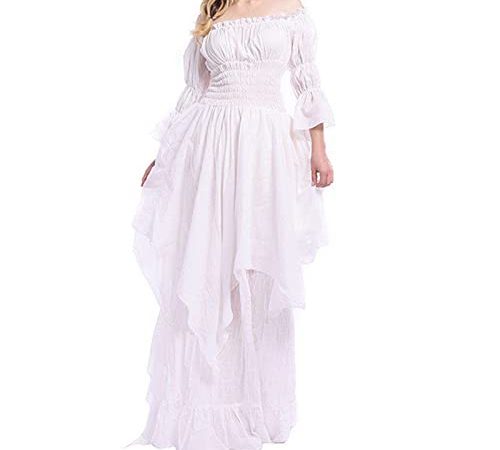 Generic 1950er Vintage Retro Cocktailkleid Mittelalterkleid Gothic Langarm Kleider Flared Sleeve Princess Dress Medieval Princess Dress Erwachsene Cosplay Karneval Party (Weiß, S)