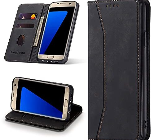 Leaisan Handyhülle für Samsung Galaxy S7 Hülle Premium Leder Flip Klappbare Stoßfeste Magnetische [Standfunktion] [Kartenfächern] Schutzhülle für Samsung Galaxy S7 Tasche - Schwarz