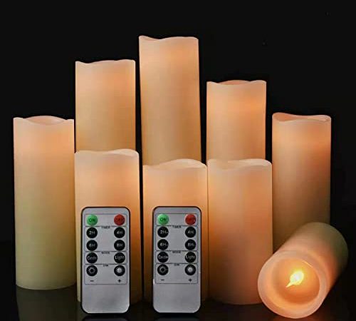 LED Kerzen, Flammenlose Kerzen Set von 9,Batteriebetrieben Kerzen Flackern, D5,5cmxH10/12,5/15/17,5/20/22,8cm, Echtwachs-Stumpenkerzen mit Fernbedienung und 24-Stunden Timerfunktion (Elfenbein)