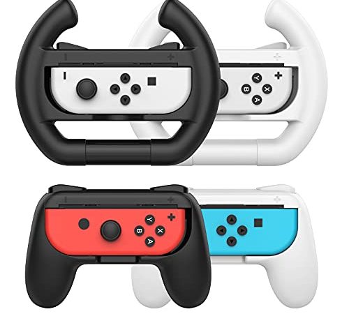 MoKo Griff-Set, kompatibel mit Nintendo Switch/Switch OLED-Modell-Joy-Con-Controllern, 2 Griffe und 2 Lenkrad-Kits, Griff-Controller-Griff für Switch Mario Kart 8 Deluxe Schwarz, Schwarz und Weiß