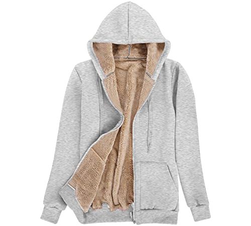 Niwicee Damen Kapuzenpullover mit Reißverschluss Winter Plus Fleecepullover Langarm Kapuzenjacke Sweatshirt Plus Dicke Hoodie Fleecejacke Sweatjacke Mit Kapuze-Hellgrau-M