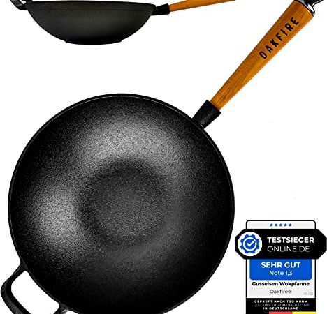 Oakfire Wokpfanne Gusseisen Induktion 31cm Groß Grill Wok Pfanne Holzgriff Cast Iron mit Non-Stick Patina