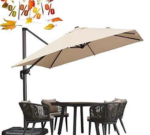 PURPLE LEAF Sonnenschirm 270 x 270 cm Groß Ampelschirm mit Kurbel 360-Grad Drehbar mit Fußpedal und Kreuzsockel für Terrasse, Balkon Sonnenschutz, beige