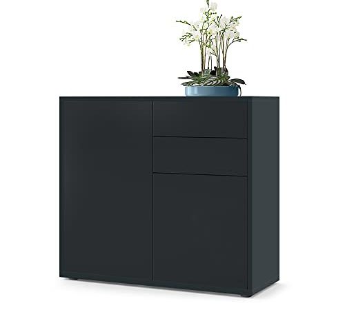 Vladon Sideboard Ben, Kommode mit 2 Türen und 2 Schubladen, Schwarz matt/Schwarz matt (79 x 74 x 36 cm)