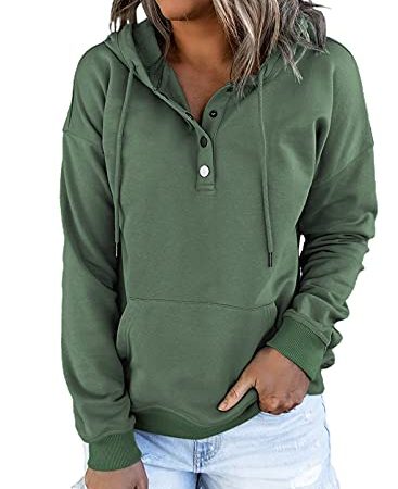 Dokotoo Kapuzenpullover Damen Knopfleiste Hoodie Pullover Langarm Herbst Winter Sweatshirt Oberteil Kapuzenpulli, grün, M