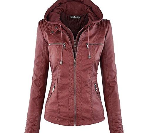 Newbestyle Kunstlederjacke für Frauen mit Kapuze Moto Biker Jacke Full Zip Plissee Overcoat Casual Coat Warm Tops, weinrot, 38