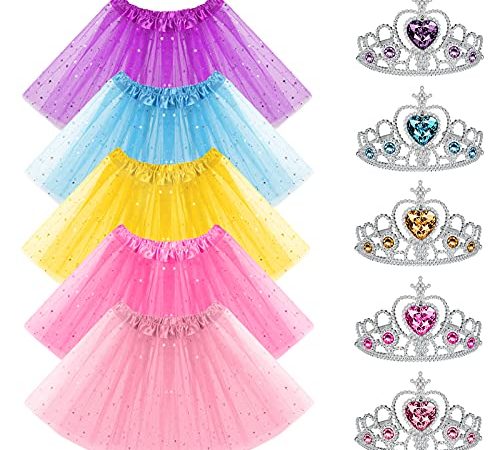 URAQT Mädchen Tutu Rock, 5 Stück Mädchen Prinzessin Kleid Ballettrock, Cosplay Kostüme Kinder mit 5 Stück Krone für Halloween Karneval Geburtstag Party (3-8 Jahre )