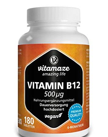 Vitamin B12 hochdosiert und vegan, Methylcobalamin, 500 mcg 180 Tabletten für 6 Monate, Natürliche Nahrungsergänzung ohne Zusatzstoffe