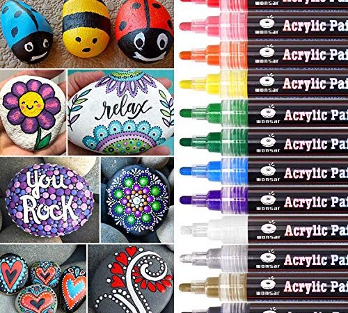 Acrylstifte Marker Stifte, 12 Farben Wasserfest Acrylstifte für Steine Bemalen, Acrylfarben Stifte für Glas Kinder DIY Keramik Porzellan Metall Kunststoff Holz Leinwand (Medium Spitze)