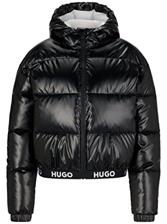 HUGO Damen Faryne-1 Regular-Fit Jacke mit Kapuze und Logo am Bund Schwarz L