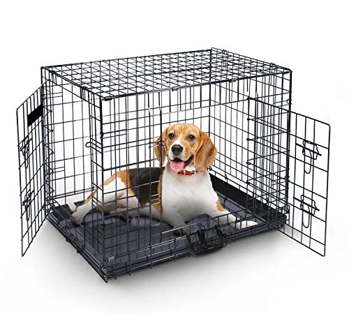 Hundekäfig (92cm) – Haustierkäfig aus schwarzem Metall mit 2 Türen (vorne und seitlich) mit kaubeständiger Kunststoff-Basisschale und Tragegriff, robuste Box, perfekt für Welpentraining (groß)