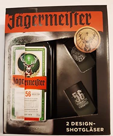 Jägermeister Kräuterlikör 0,7l in Geschenkbox mit 2 Gläsern Design Shotgläser Geschenk Set Mast Jägermeister