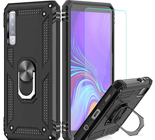 LeYi Hülle Galaxy A7 2018 Handyhülle,360 Grad Drehbar Ringhalter Cover TPU Bumper Schutzhülle mit HD Folie Schutzfolie für Case Samsung Galaxy A7 2018 A750 Handy Hüllen Schwarz