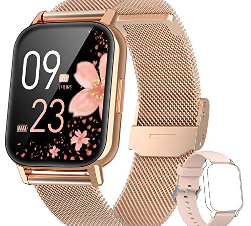 AooDen Smartwatch Damen, 1.69 Zoll Smartwatch mit Pulsmesser Schlafmonitor SpO2, IP68 Wasserdicht Fitness Armbanduhr, Schrittzähler Uhr Damen, Sportuhr Stoppuhr Aktivitätstracker Android iOS, Golden