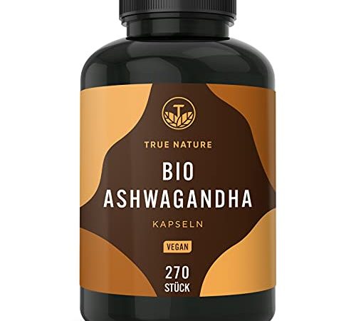 Bio Ashwagandha - 270 Kapseln mit je 650mg - Hochdosiert mit 2600mg pro Tagesdosis - Premium indische Bio Schlafbeere - Vegan, Laborgeprüft, Deutsche Produktion - TRUE NATURE®