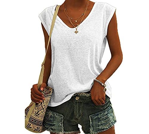 Bluse Damen Elegant ärmellose t-Shirt Crop Tops Shirt Mädchen Weiß Oberteile Frauen Schwarz Kleidung Frau Grau Sommer Shirts Top V-Ausschnitte Tshirt Casual Rundhals Klamotten Teenager Weiß L