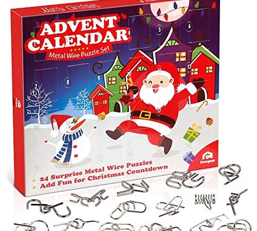 Coogam Adventskalender 2019, Metalldraht, mit Countdown-Lendar-Dekoration, Geschenk-Box mit 24 Stück Gehirn-Teaser-Spielzeug für Weihnachten