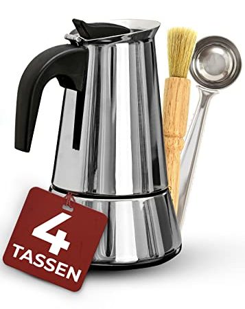 Cosumy Espressokocher Induktion geeignet - 4 Tassen - Edelstahl - Mit Dosierlöffel und Bürste Silber