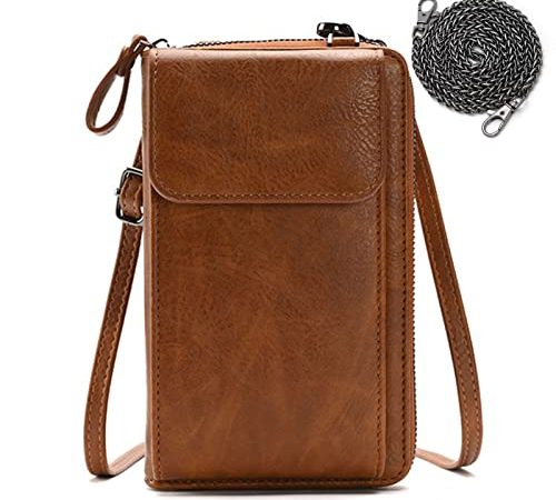 Handytasche mit Geldbörse zum Umhängen Damen Handy Umhängetasche Portemonnaie Kleine Schultertasche Leder Crossbody Clutch Retro Brieftasche Phone Tasche für iPhone 13/13 Pro/12/11/XR/Xs (Braun)