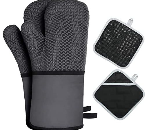 HAUSPROFI Ofenhandschuhe und Topflappen 4er Set, Hitzebeständige Silikon Anti-Rutsch Topfhandschuhe, Baumwolle Waschbar kochhandschuhe für Kochen Backen Grillen, Grau