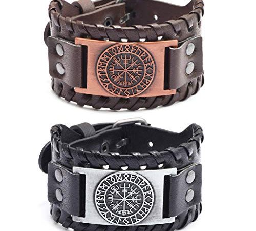 Juland 2 Stück Herren Retro Breites Metall Herren PU Leder Armband Punk Style Armbänder Breiter Gürtel Manschette Armreif Rock Wrap für Männer Junge Einstellbar –Pirat