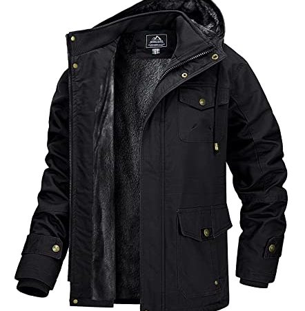 MAGCOMSEN Herren Winterparka Herrenjacke Warm Fleece Jacke Atmungsaktiv für Herren Gefüttert Mantel Outdoor Bomberjacke mit Abnehmbarer Kapuze Schwarz M