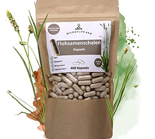 Microflorana® - Flohsamenschalen Kapseln - 400 vegane Kapseln - 2 Monate Vorrat - Laborgeprüfte Qualität - Indischer Flohsamen - Frei von Zusätzen -Original aus Indien-Psyllium Husk- Leichte Dosierung