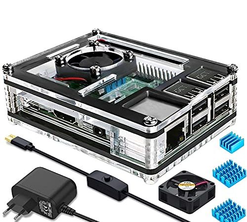 Miuzei Raspberry Pi 3 b+ Gehäuse mit Lüfterkühlung, 3 × Aluminium Kühlkörper, 5V 3A Netzteil, Micro-USB Kabel mit EIN/Aus Schalter Kompatibel mit Raspberry Pi Modell 3b+, 3b, 2b